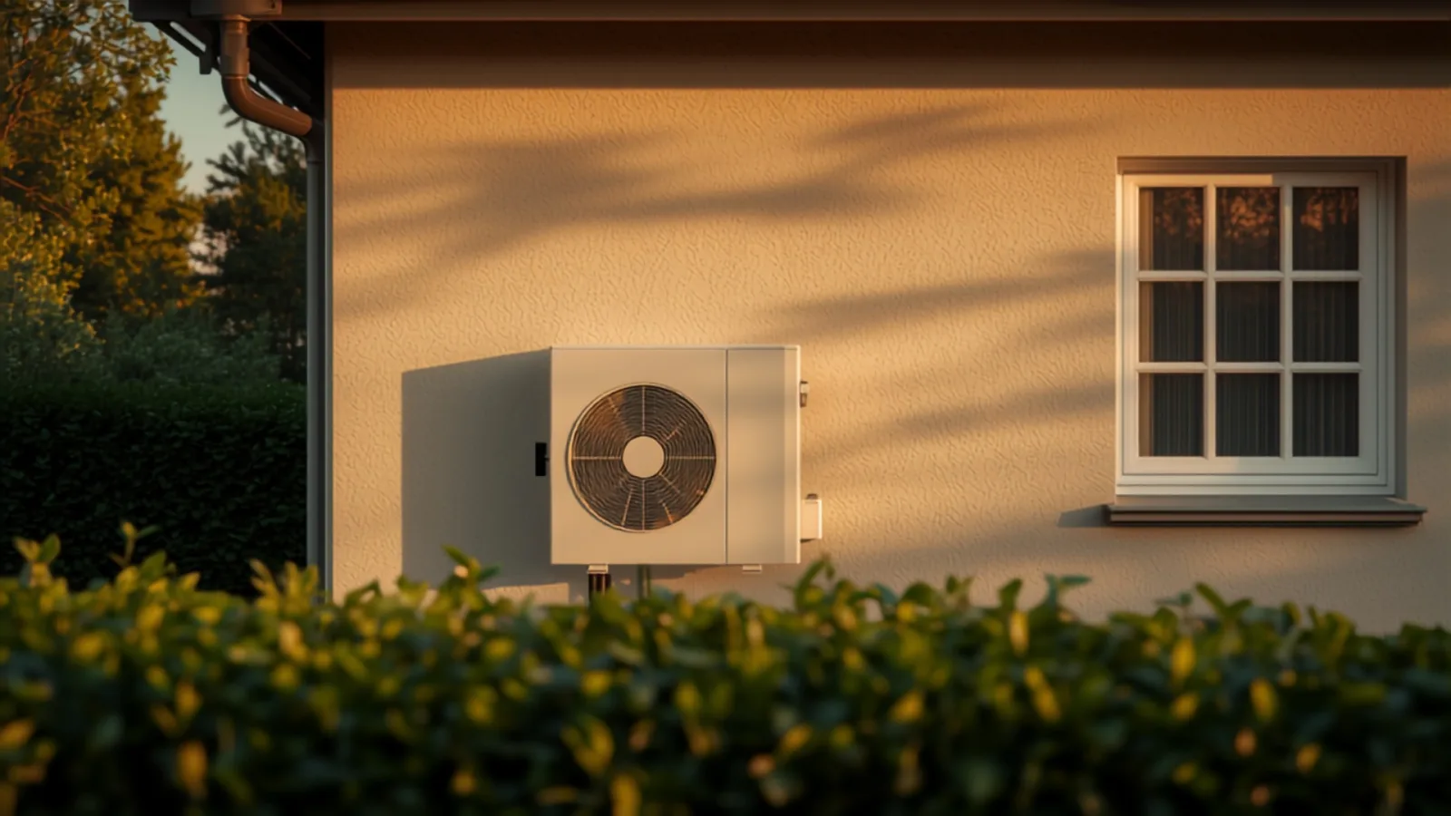 Moderne Luft-Wasser-WÃ¤rmepumpe an der Fassade eines Einfamilienhauses im Abendlicht (KI-generiert)